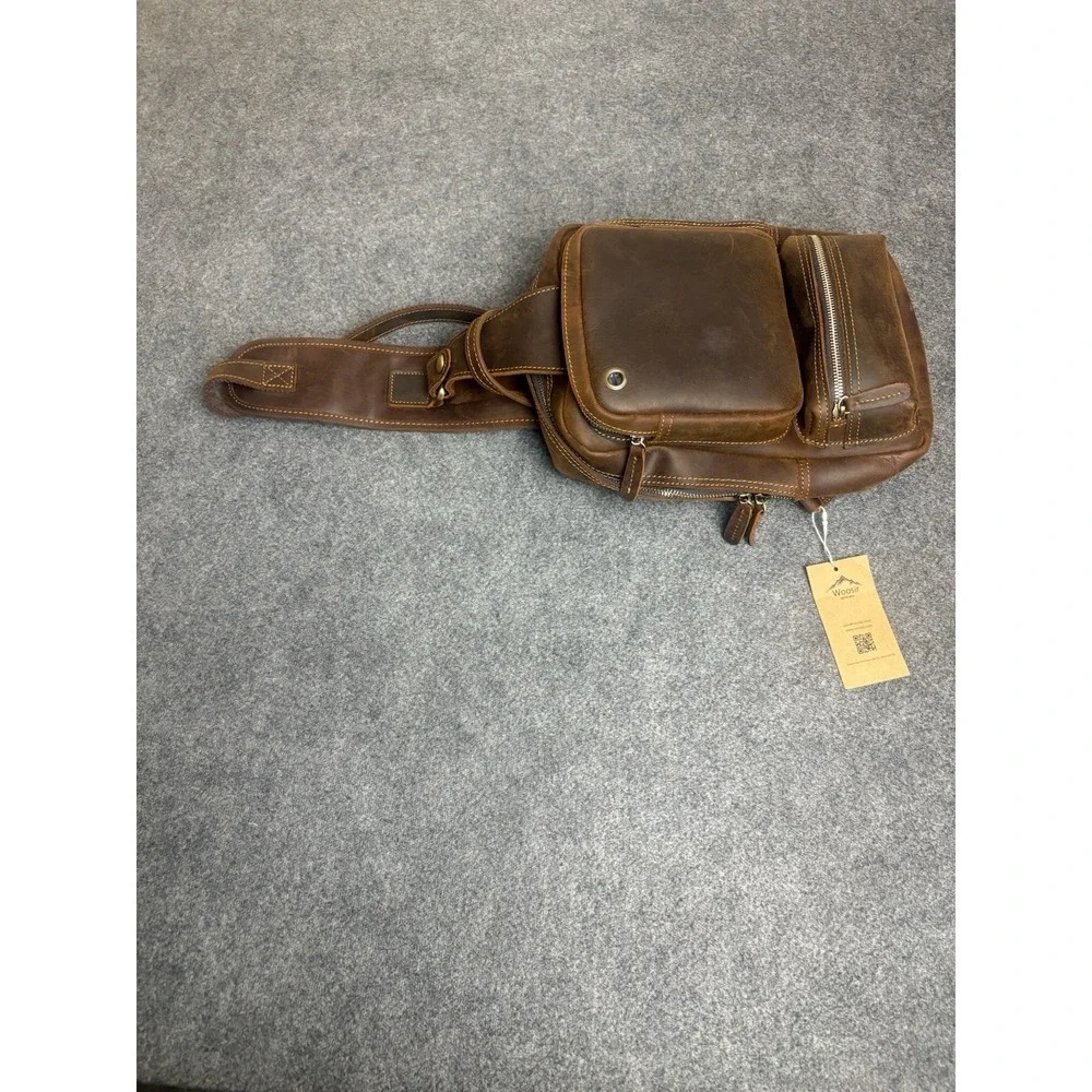 Woosir Genuine Leather Sling Bag Crossbody Chest Pack Brown Multi Pocket New M1